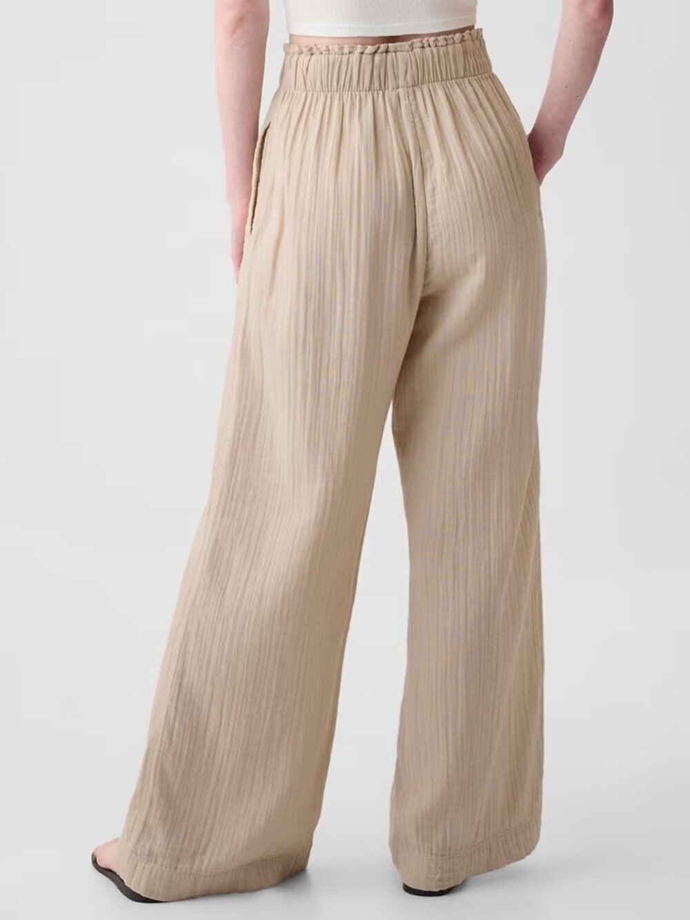 GAP Bedrock Beige 100% Cotton Crinkle Gauze Pull On Wide Leg Pants, Size S - Picture 4 of 14